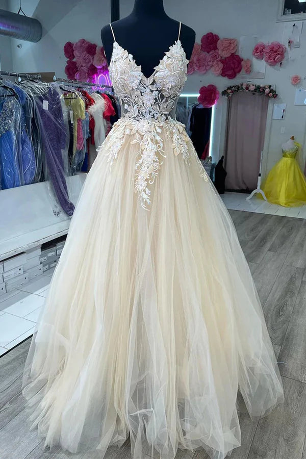 V Neck Champagne Tulle Lace Wedding Dresses Bridal Gown